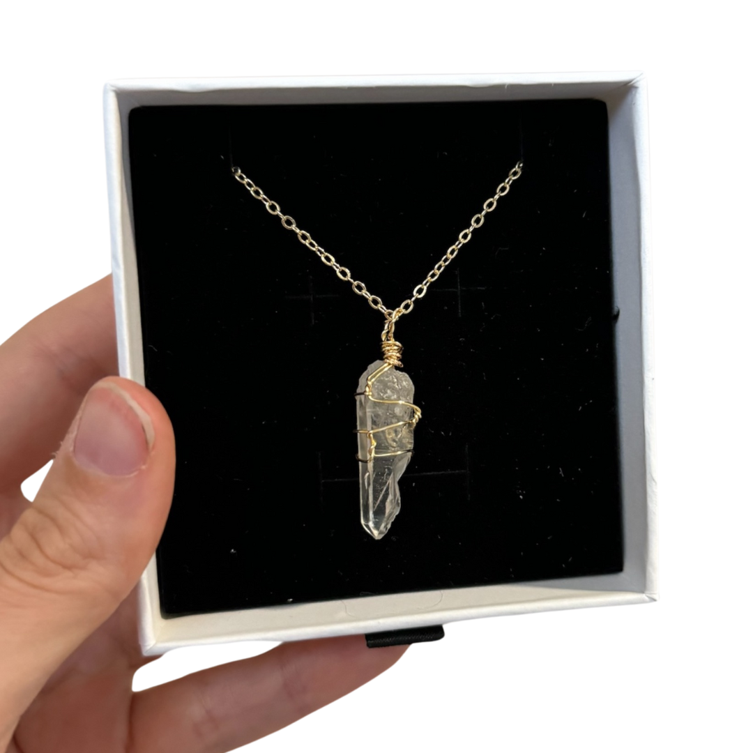 Clear Quartz Pendant Gold Wire Wrapped Necklace