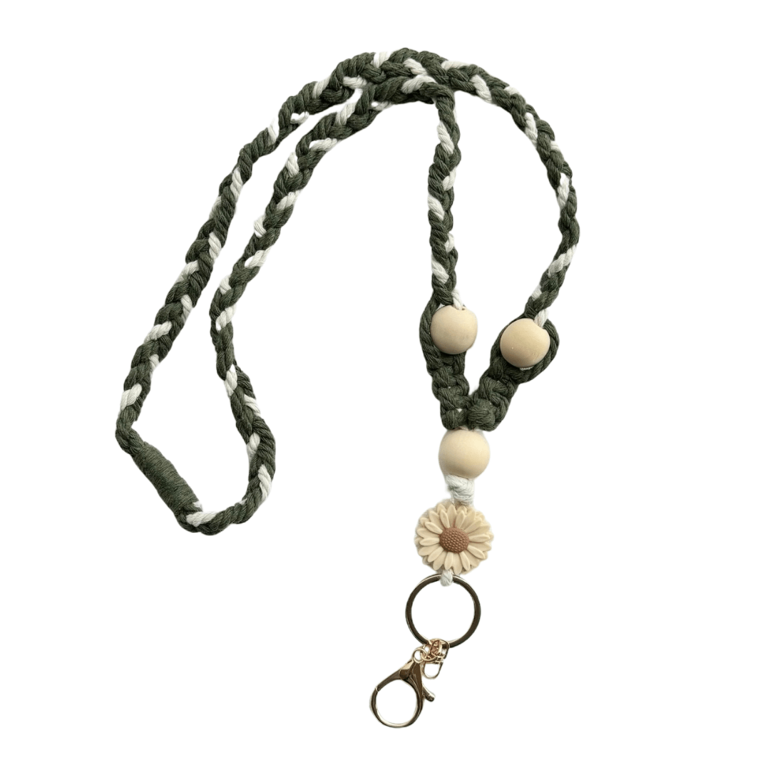 Lily's Macrame Flower Lanyard | Khaki & Wooden Beads