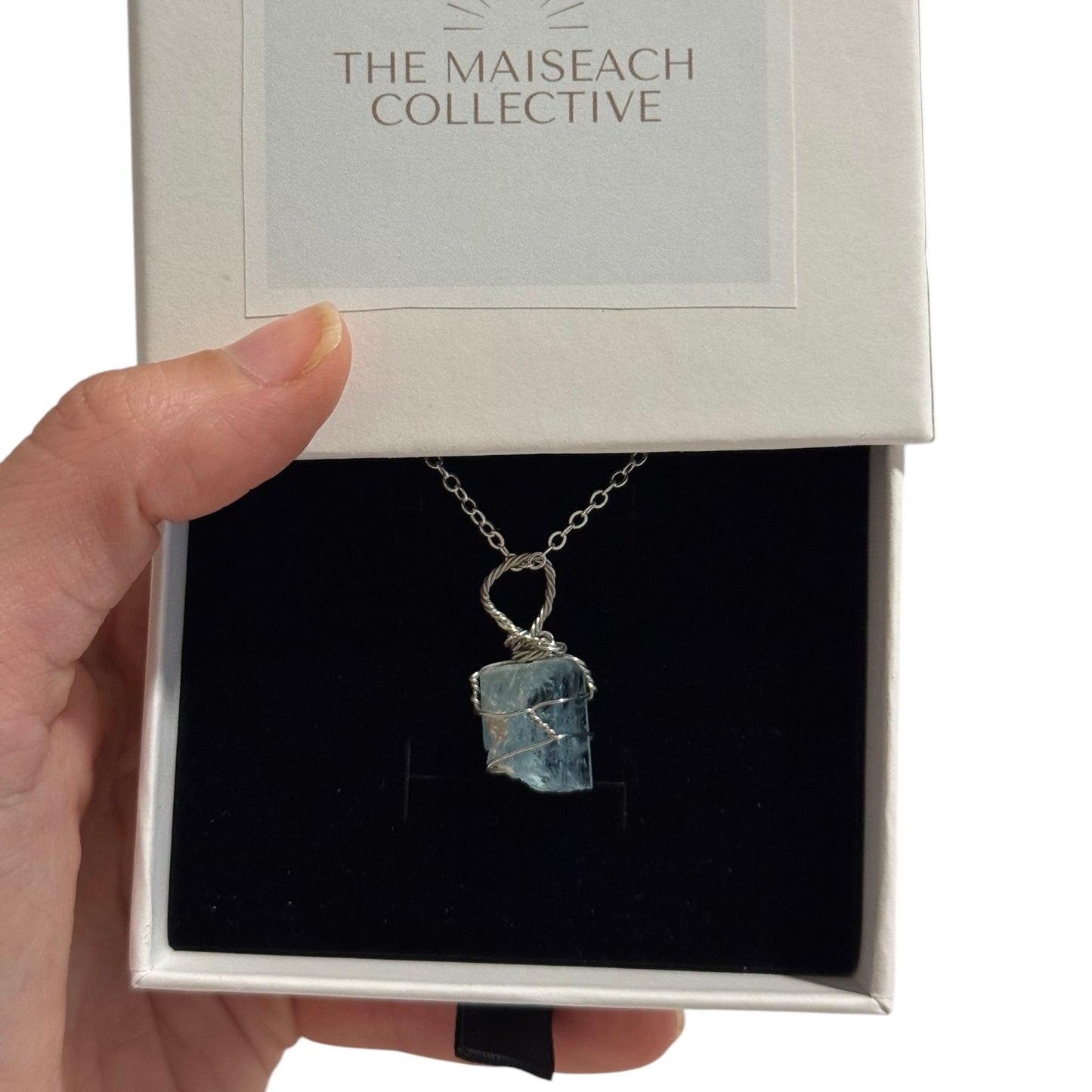 Aquamarine Crystal Pendant Wire Wrapped Necklace | Silver