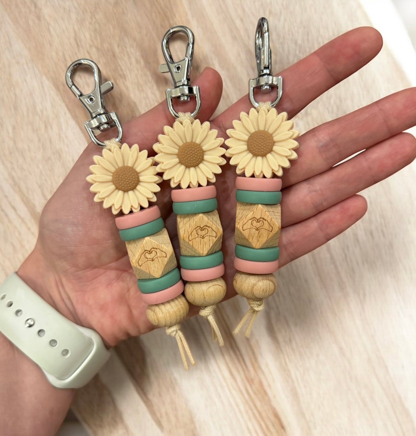 Flower Keyring with love hands | Wooden + Green & Pink
