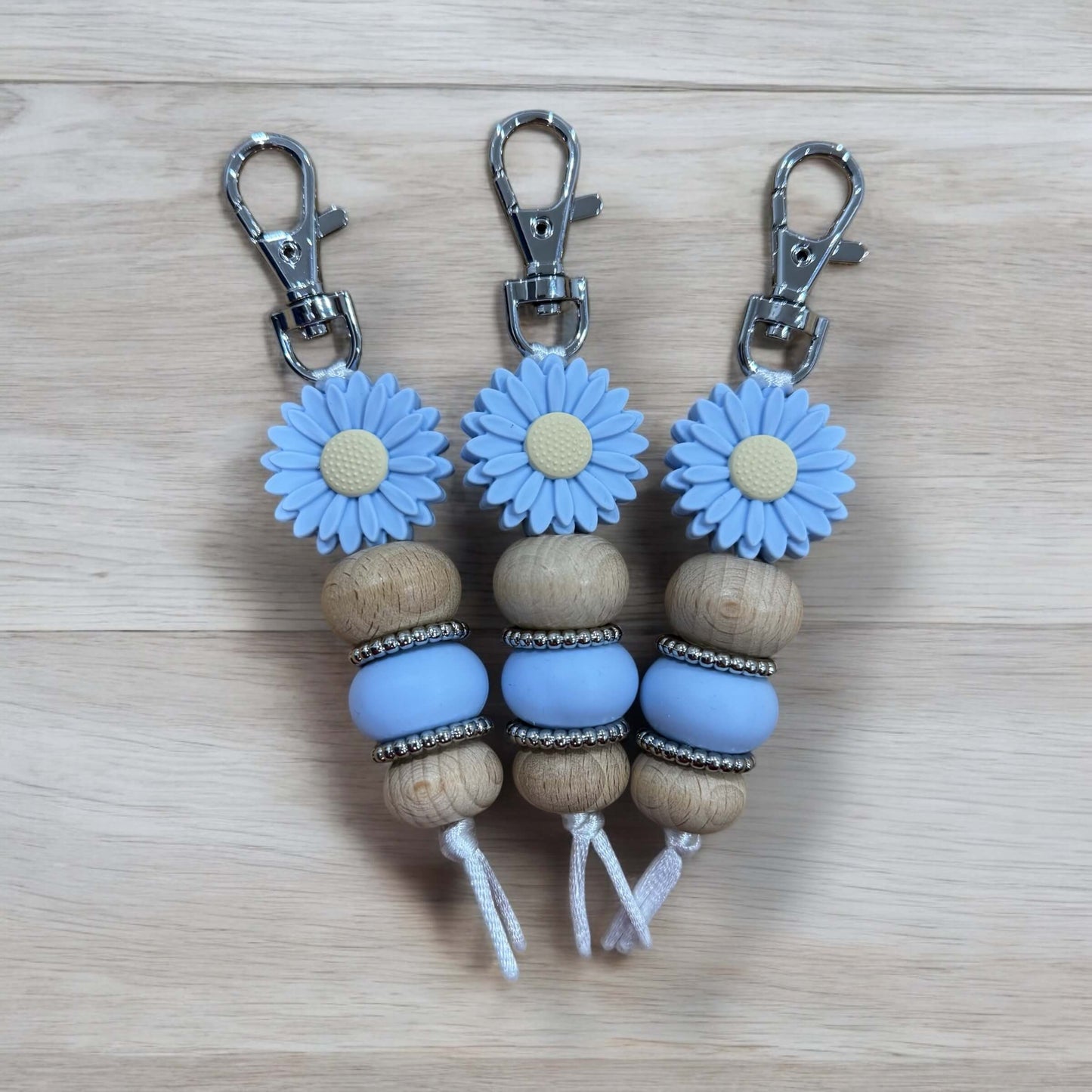 Flower Keyring | Blue, Wooden Beads & Silver